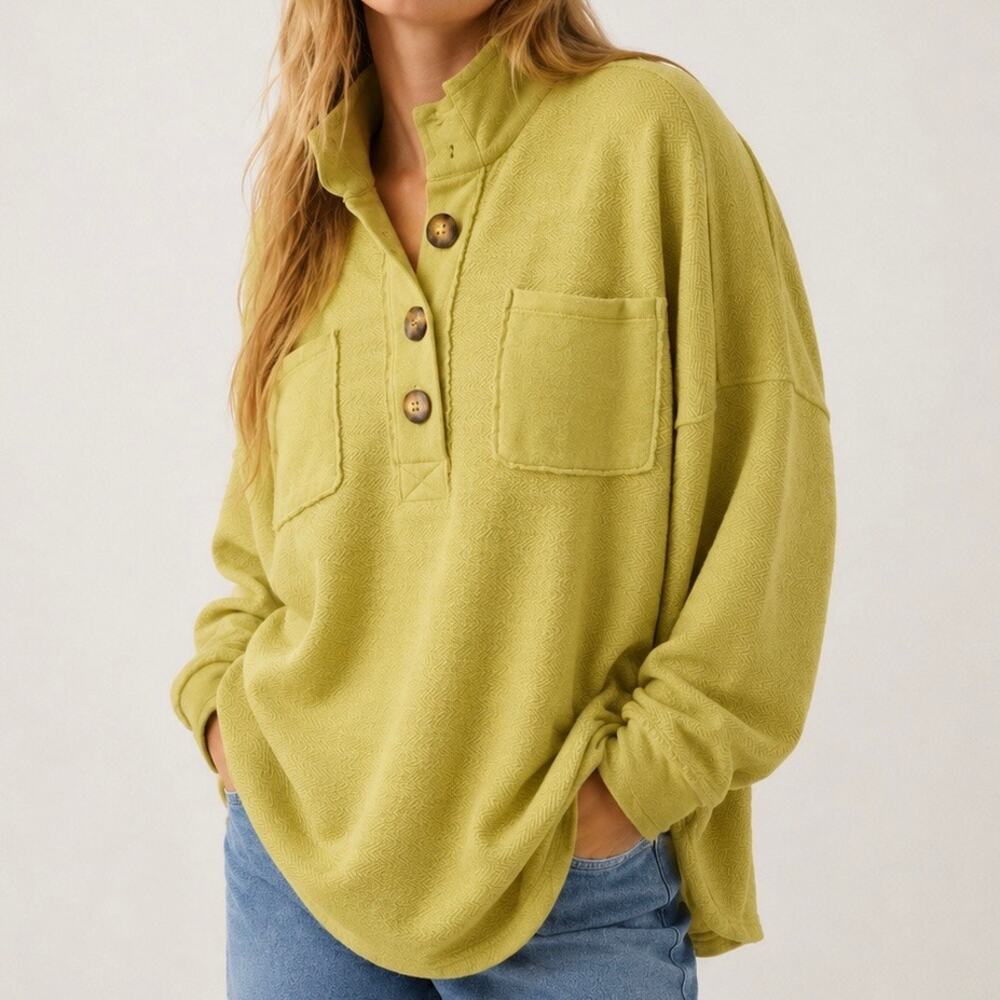 AMERICAN EAGLE | Herringbone Button Neck Oversized Pullover Spring Green | XL